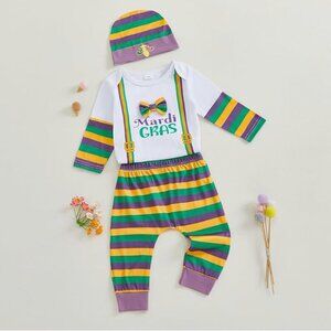 Baby Boy Mardi Gras Set Long Sleeve Bow Bodysuit Pants Hat Size 3-6 Months